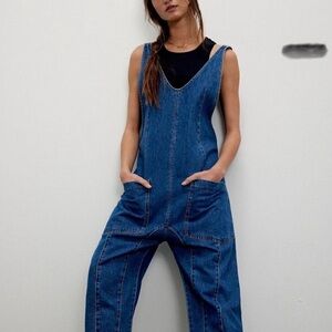 Free People high roller Blue Denim jens overall Jumpsuit sz xs nwot